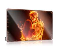Letrero de estaño con texto en inglés "Warning Flaming Skeleton Embraces Woman In Fiery Embrace Of Eternal Love", divertido letrero de lata para garaje y bar, letrero de café vintage (20 x 30 cm)