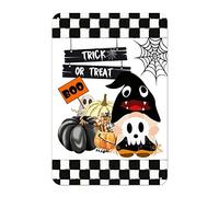 Letrero de estaño de Halloween con texto en inglés "Trick or Treat Boo, bruja, gnomo, calabaza, telaraña, telaraña, letrero de metal con texto en inglés "Eat Drink Be Scary", 30,5 x 20,3 cm, a prueba