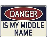 Letrero de estaño divertido con texto en inglés "Danger is My Middle Name" de 30,5 x 20,3 cm, regalo para tienda, oficina, hombre, cueva, decoración del hogar