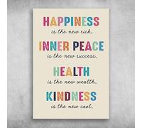 Letrero de estaño divertido con texto en inglés "Happiness Is The New Rich Inner Peace Is The New Success Health Is The New Wealth Kindness Is The New Cool Vintage Style Metal Wall Place" para