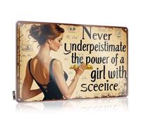 Letrero de estaño divertido con texto en inglés «Never Underestimate The Power Of A Girl With Science» para decoración de puerta de dormitorio, accesorios de bar al aire libre (20 x 30 cm)