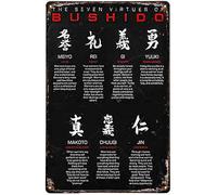 Letrero De Estaño Las Siete Virtudes Oficiales del Bushido: Rectitud, Coraje, Benevolencia, Respeto, Honestidad, Honor Y Lealtad. Cartel Divertidos Letreros Metalicos para Exterior 20X30Cm