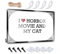 Letrero de estaño moderno con puntada para decoración del hogar - I Love Horror Movie & My Cat Soft Area Obra de arte de estilo rústico para el hogar bar (30 x 40 cm)