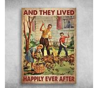 Letrero De Estaño Padre, Hija E Hijo Barriendo Hojas Y Vivieron Felices para Siempre. Familia Feliz. Carteles Vintage Letreros para Exterior Dormitorio Garaje 20X30Cm