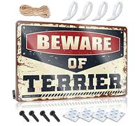 Letrero de estaño para colgar en la cueva de los hombres, borde plegado y decoración de estaño de metal, impresión plana, decoración de pared de tren Beware Of Terrier, letrero de decoración escolar