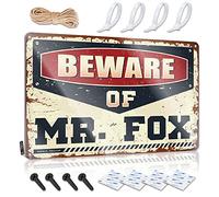 Letrero de estaño para decoración de patio al aire libre, con texto en inglés "Beware Of Mr. Fox", arte de pared de metal humorístico listo para colgar para barra de patio trasero (30 x 40 cm)
