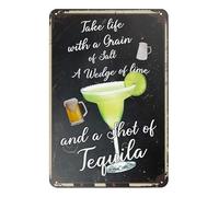 Letrero de estaño retro con texto en inglés "Take Life With a Grain Of Salt, A Wedge of Lime And a Shot Of Tequila", cartel de metal vintage para pared, para el hogar, cocina, bar, cafetería, club