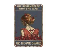 Letrero de estaño vintage con texto en inglés "She Remembered Who She Was", arte de pared bohemio para decoración de jardín hippie, divertido letrero de baño, regalo de metal retro, 8 x 12 pulgadas