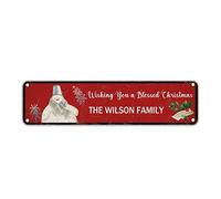 Letrero de estaño vintage de Navidad con nombre personalizado Wish You A Bless, letreros de metal de The Wilson Family Snowman Red Stree para decoración de pared familiar para cocina, patio, puerta