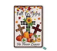Letrero de estaño vintage de Navidad con texto en inglés "Fall for Jesus He Never Leaves Cruz", 20,3 x 30,5 cm