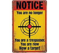 Letrero de hojalata: Aviso divertido: "Ya no eres un intruso, ahora eres un objetivo". Decoración de pared para el hogar, la oficina, la sala de estar, el bar, la cafetería y el club. Letrero de hoja