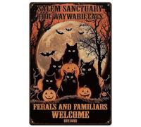 Letrero de hojalata con diseño de gato de Halloween, luna, murciélagos, calabaza, póster artístico vintage para fiestas de Halloween, hogar, cafeterías, bares, pubs, cuevas de hombres, decoración de