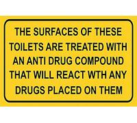 Letrero de hojalata con texto en inglés "Watch Out for - The Surface of These Toilets are Treated with a Compound That Detects Drogas Warning Reminder Wall Decor". 30,5 x 20,3 cm (12 x 8 pulgadas)