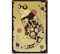 Letrero de hojalata de metal con diseño de gato samurái ninja japonés, póster retro, placa para decoración