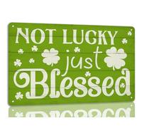 Letrero de hojalata del Día de San Patricio con texto "Lucky Just Blessed", decoración navideña irlandesa con trébol verde de la suerte, decoración colgante de pared para el hogar, la cocina y la ofi