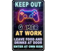 Letrero de hojalata divertido para gamer: "Mantén a tu gamer en el trabajo, deja comida y bebidas, decoración de pared de metal para puerta, sala de juegos para niños y hombres, 8 x 12 pulgadas"