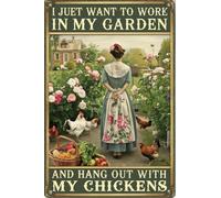 Letrero de hojalata divertido vintage con texto en inglés "I Just Want to Work in My Garden and HangWith My Chickens Farmhouse Farmhouse Wall Art Decor Farm Garden Chicken Lover Outdoor Metal Tin Sign