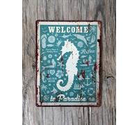 Letrero de hojalata estilo vintage con texto "Playa costera, caballito de mar, sirena, bienvenido al paraíso", rústico, nostálgico, para pared, casa de playa azul, decoración de hojalata, 30 x 40 cm