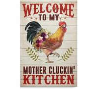Letrero de hojalata vintage con diseño de gallo y flor: "Bienvenido a mi madre", placa retro decorativa para cocina, regalo para jardín, cueva de hombres, garaje, aula, biblioteca, sala de estar, esc