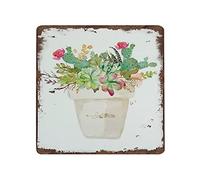Letrero de hojalata vintage con ramo de suculentas y cactus en maceta, arte de pared, decoración floral del suroeste, arte de cactus para el hogar, cocina, bar, garaje, letrero cua 8x12 pulgadas