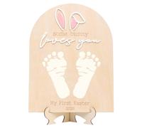 Letrero de huella de Pascua con texto en inglés "Some Bunny Loves You", tablero de madera de conejo de Pascua, letrero de Pascua personalizado para recién nacido, suministros de decoración de fiesta