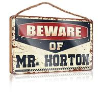 Letrero de invierno para puerta delantera, con texto en inglés "Beware Of Mr. Horton", de madera, para decoración del hogar (15 x 28 cm)
