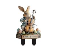 Letrero de jardín con temática de Pascua, violín acústico tocando conejo, estaca acrílica ideal para jardín y patios al aire libre, duradero, arte para patio, mural de pared al aire libre (gris, 25 x