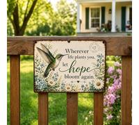 Letrero de jardín con texto en inglés "Hope Bloom Again Hummingbir", letrero decorativo de pared de flores de colibrí, decoración de pared de jardín rústico vintage, letreros y placas decorativas para