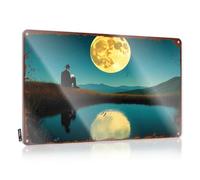 Letrero de lata con texto en inglés "Bar Stuff For Man Cave Man Sitting By Pond Under Full Moon", decoración vintage retro (30 x 40 cm)
