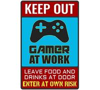 Letrero de lata con texto en inglés "Keep Out Gamer at Work", con texto en inglés "Bestylez Funny Gamer" para decoración de puerta de pared de sala de juegos, regalo para adolescentes y novios, 12 x 8