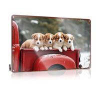 Letrero de lata con texto en inglés "Man Cave Accessories And Decor Four Cute Puppies In A Red Truck On A Snowy Day" (20 x 30 cm)