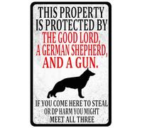Letrero de lata de advertencia con texto en inglés "This Property Is Protected By The Good Lord A German Shepherd And A Gun" para jardinería, patio, decoración de pared al aire libre, 12 x 16 pulgadas