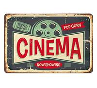 Letrero de lata de cine, Tickets Here Pop Corn and Movie Now Showing, letreros de metal vintage para cafeterías, bares, pubs, tiendas, decoración de pared, letreros divertidos retro para hombres y