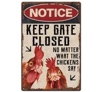 Letrero de lata de gallinero, letrero de metal con texto en inglés "No Matter What The Chickens Say Funny Signs" y placa de gallinero, arte de pared de metal para cocina, decoración de granja al aire