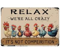 Letrero de lata de pollo para decoración de granja, «Relax We're All Locos», letreros de metal para granja, jardinería, patio al aire libre, 12 x 16 pulgadas