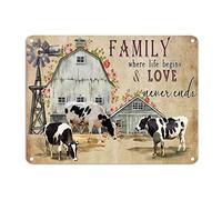Letrero de lata de vaca de granja con texto en inglés "Family Where Life Begins and Love Never Ends" - Arte de pared de metal de 12 x 16 pulgadas, fácil de montar, decoración de pared para el hogar
