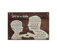 Letrero de lata familiar con texto en inglés "We're A Team in My Heart Proud of The Man Proudest Moment You Are My Son", regalo increíble para hijo de papá, letreros retro para el hogar para mamá