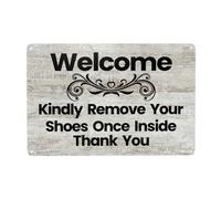 Letrero de lata para decoración de pared, 30,5 x 20,3 cm, con texto en inglés "Welcome Kindly Remove Your Shoes Once Inside Thank You", para el hogar, puerta delantera, dormitorio