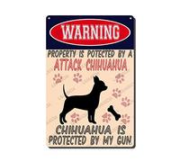 Letrero de lata retro con texto en inglés "Warning Property Is Potected By A Chihuahua Is Protected By My Gun" para la familia, bar, restaurante, cafetería, baño, garaje, oficina, arte, decoración, 20