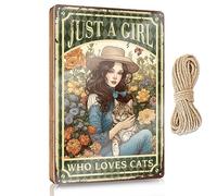 Letrero de madera barnizado y borde lijado, decoración estética de oficina, divertida decoración de pared para sala de estar, con texto en inglés "Just A Girl Who Loves Cats"