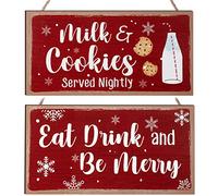 Letrero de madera colgante de Navidad, 2 piezas, con texto en inglés Eat Drink And Be Merry Sign Milk And Cookies servido por la noche, decoración rústica de pared para decoración de pared, para