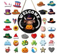 Letrero de madera con temática de vaca de Upland con 35 artículos de decoración intercambiables para decoración de temporada durante todo el año (MZ982B)