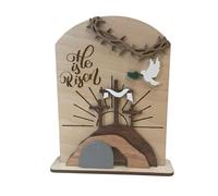 Letrero de madera con texto en inglés "He Is Risen - Letrero de escritorio de madera religioso, decoración de mesa de Pascua cristiana, construcción resistente, diseño atemporal, 15 cm, para
