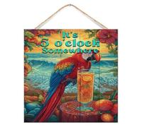 Letrero de madera con texto en inglés "It's Five O'clock Somewhere Established", decoración de pared, personalizable, guacamayo, loro, animales, mascotas, letrero colgante de madera para mesa, estante