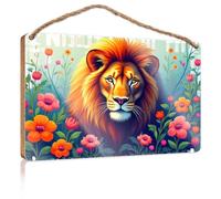 Letrero de madera con texto en inglés "Nature's Majesty: Lion Amidst Flowers", para colgar en la puerta, decoración de baño (20 x 30 cm)