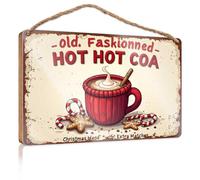 Letrero de madera con texto en inglés "Sayings On Cozy Christmas": cacao caliente antiguo con pan de jengibre y bastón, letrero de madera para colgar, decoración del hogar, tienda de decoración del