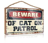 Letrero de madera con texto en inglés "Toilet Rules For Bathroom Beware Of Cat On Patrol", letrero de madera para escritorio, para oficina, divertido letrero de bienvenida (15 x 28 cm)