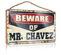 Letrero de madera con texto en inglés "Toilet Rules For Bathroom Beware Of Mr. Chavez" (15 x 28 cm)