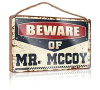 Letrero de madera con texto en inglés "Toilet Rules For Bathroom Beware Of Mr. Mccoy" (15 x 28 cm)