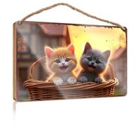 Letrero de madera con texto en inglés "Two Cute Kittens In A Basket At Sunset Wooded" (23 x 35 cm)